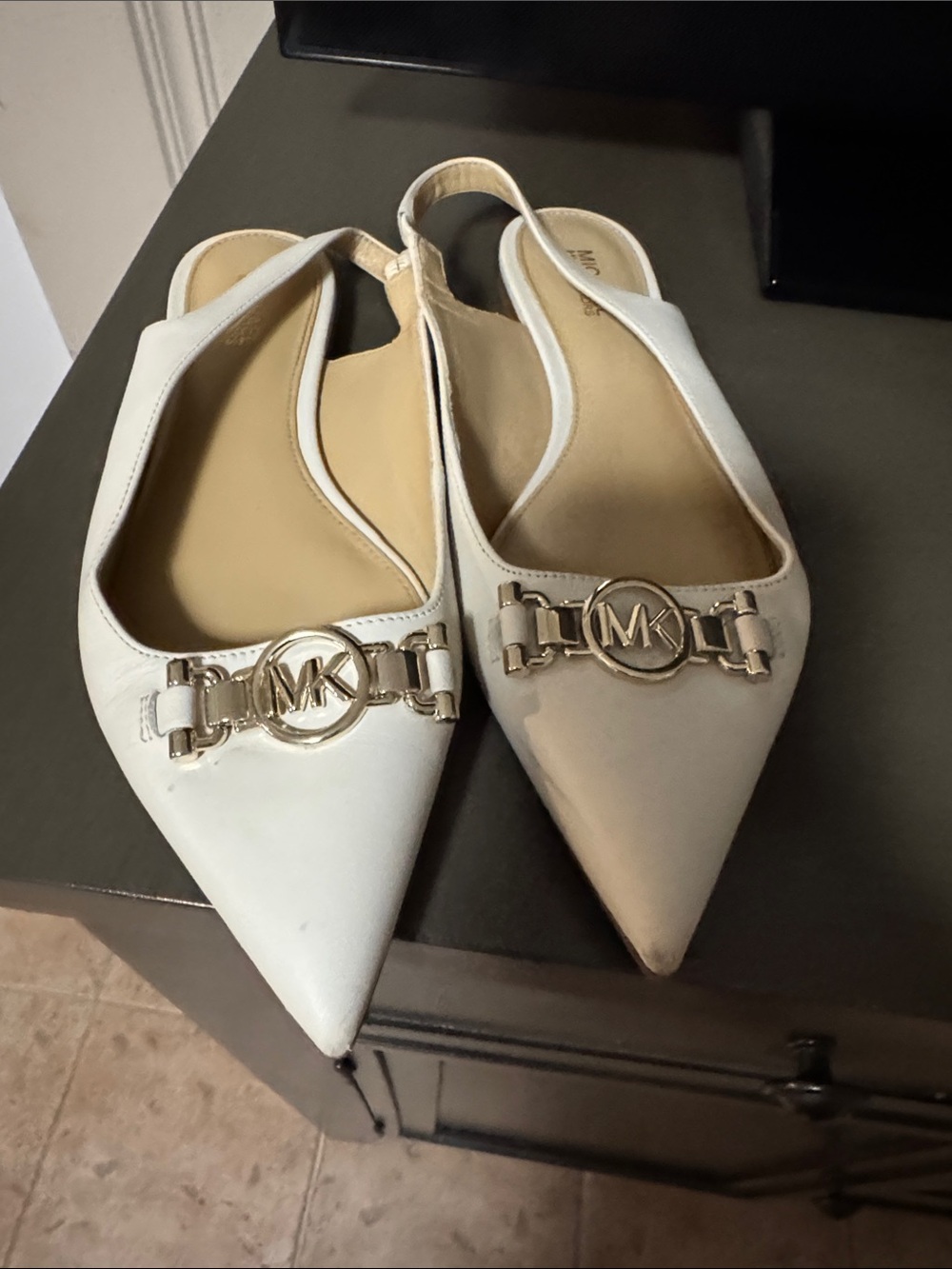 Michael Kors Cream and White Pointed Toe Slingback Flats with Gold MK Logo